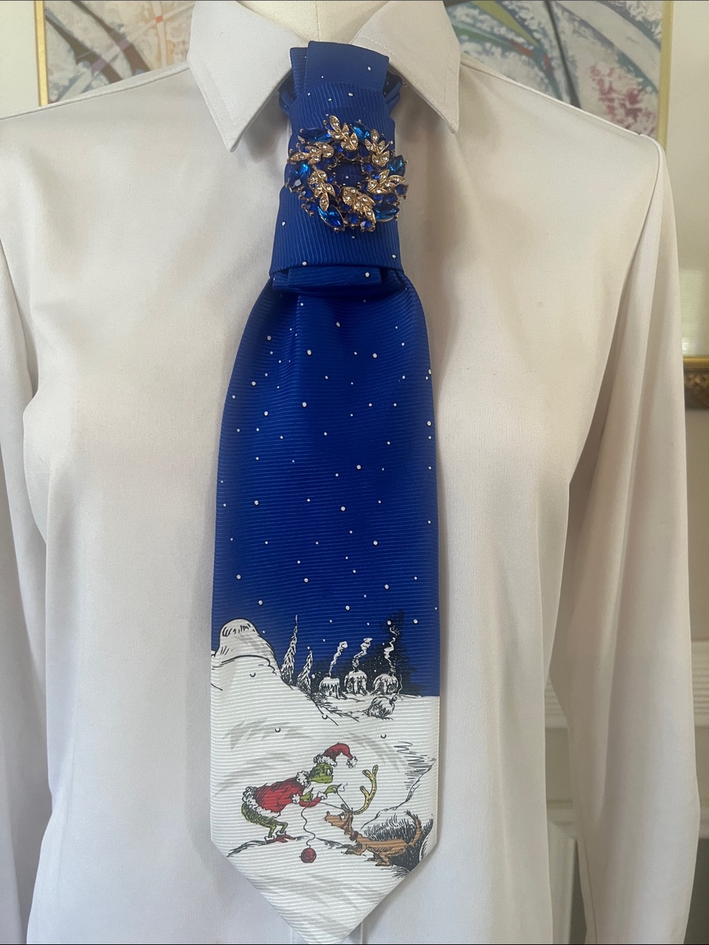 Blue Novelty Holiday Tie Necklace with Brooch